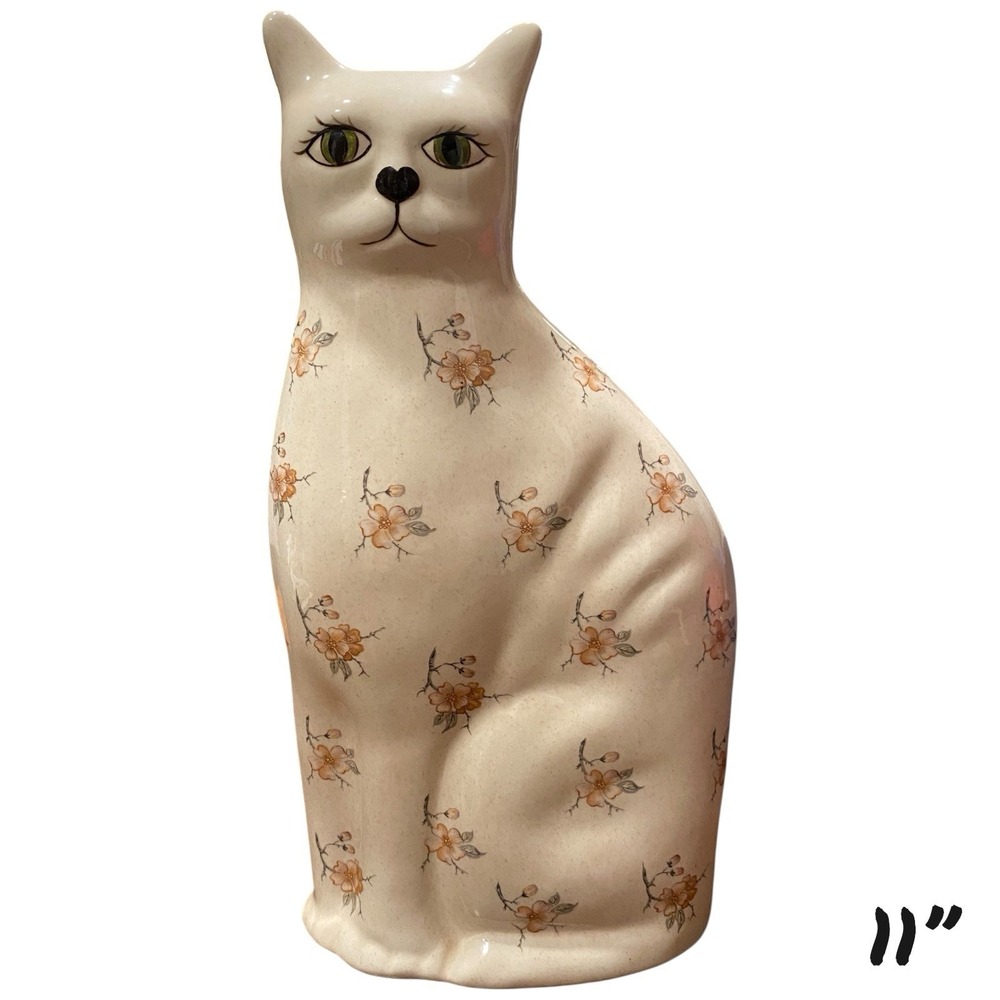 Vintage Ceramic Cat Statue Figurine 1993‎ Hand Painted Floral Signed Evelyn 11"